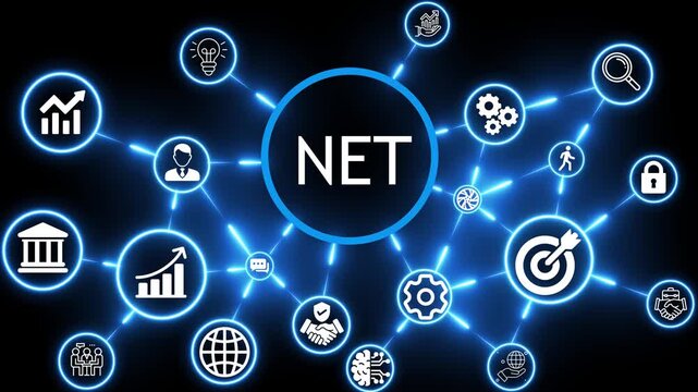 Pay per click NET marketing concept animation with neon technology icons 4k video animation