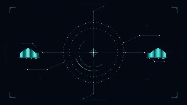 Digital HUD animation dot circle data graph bars connection line dark background grain processed
