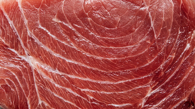 Closeup of thinly sliced cured ham showcasing intricate fat marbling and rich red color