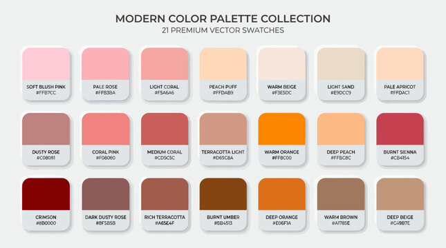A collection of modern color palette swatches with hex codes for professional graphic design projects.