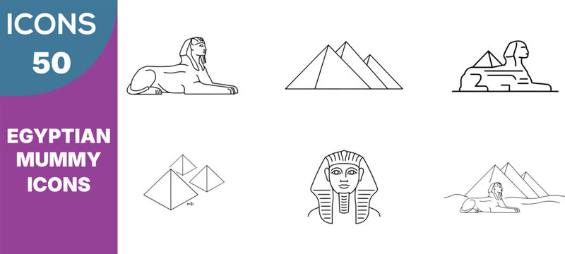 Fifty Egyptian Mummy Icons, pharaoh skull, Sphinx and pyramids outline set, ancient history symbols, vector collection, archeology design elements for travel and game