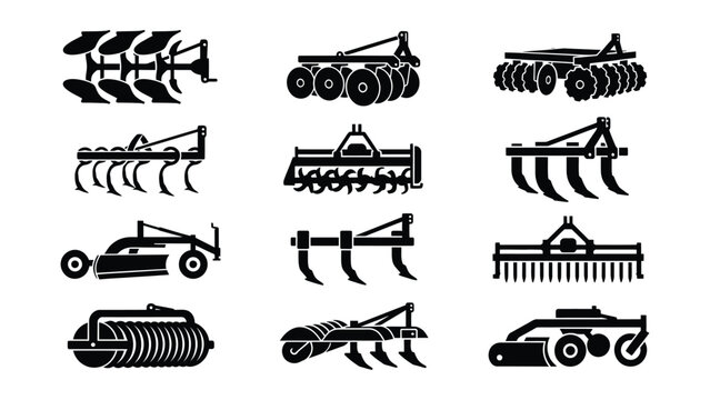 Collection of various agricultural farming equipment icons with transparent background