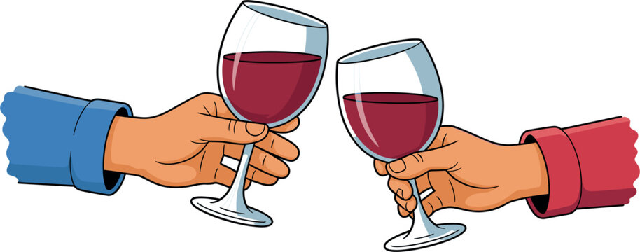 Hands Holding Red Wine Glasses Toasting Vector Illustration, Celebration Drink Design for Party Events and Friendship