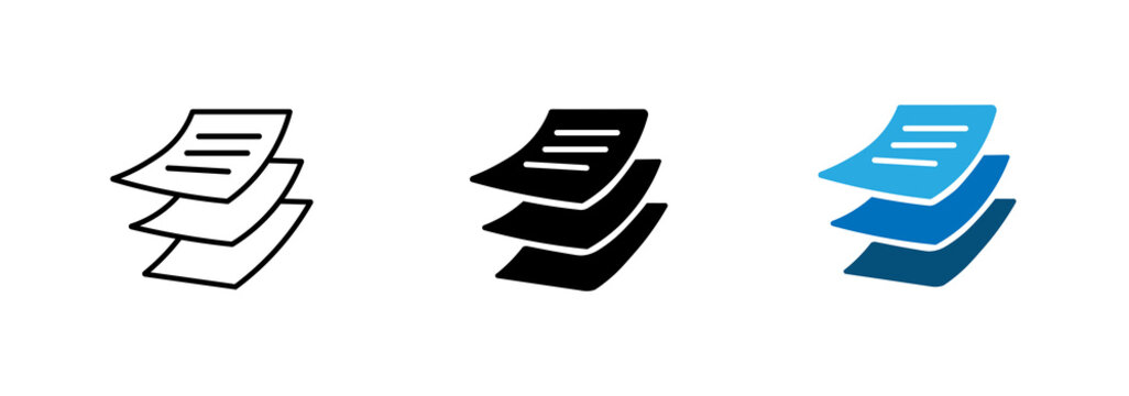 Set of flying paper sheet icons. Document flow symbols. Line and solid illustration pack.