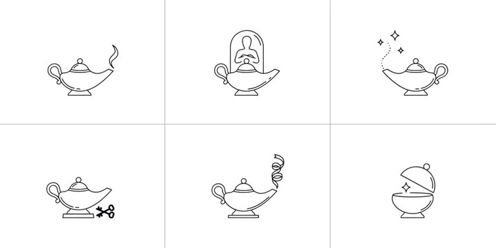 Magic lamp icons set, Aladdin lamp vector line art, Genie lamp illustration, Arabian night design elements, fantasy collection, minimalist outline symbols