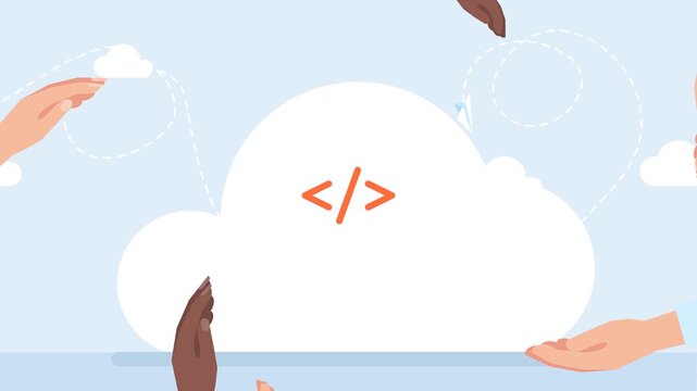 People's hands hold programming icon. Online programing or coding or mobile app or website development course banner design concept. PC language learning. 2d flat animation