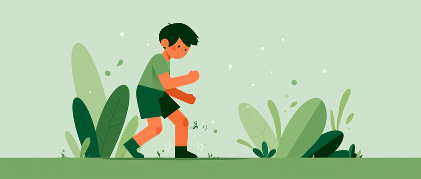 Child slapping mosquito on leg in playful outdoor scene  