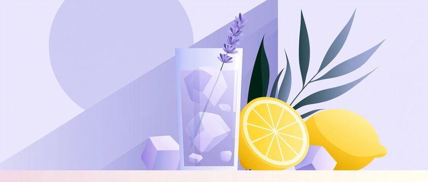 Flat vector illustration of lavender lemonade glass with lemon slices  