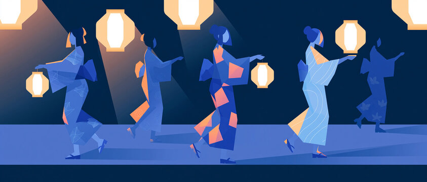 Flat vector illustration of yukata-clad women dancing at Bon Odori  