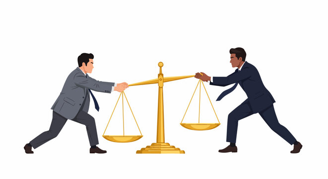 Corporate Lawyers Pulling Shiny Gold Balancing Scale
