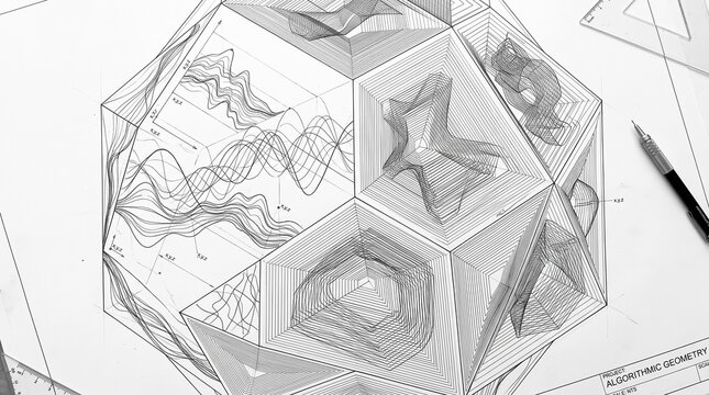 Abstract geometric cube sketch with intricate line patterns and mathematical art designs