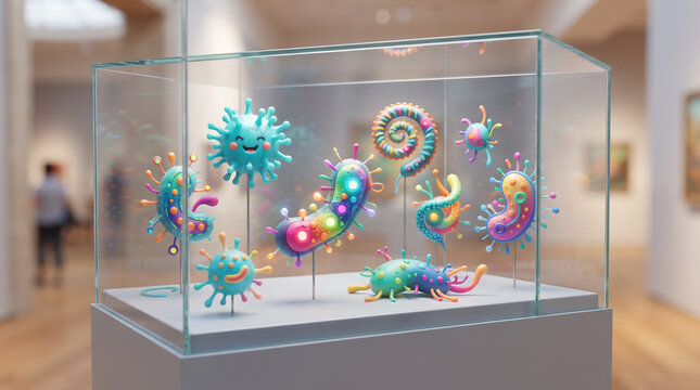 Vibrant collection of colorful cartoon bacteria floating inside a clear glass display case against a blurred modern interior background