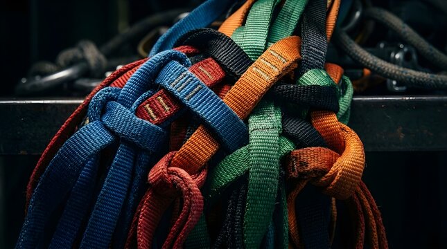 Colorful nylon climbing slings organized for safety and equipment storage