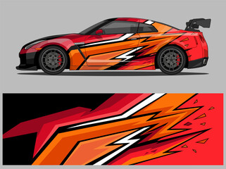 Naklejka premium Red sports car with dynamic flame and lightning decals.