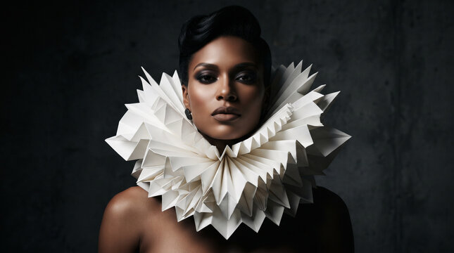 Portrait of a dark-skinned woman wearing an elaborate white paper fan collar against a dramatic dark concrete background with studio lighting
