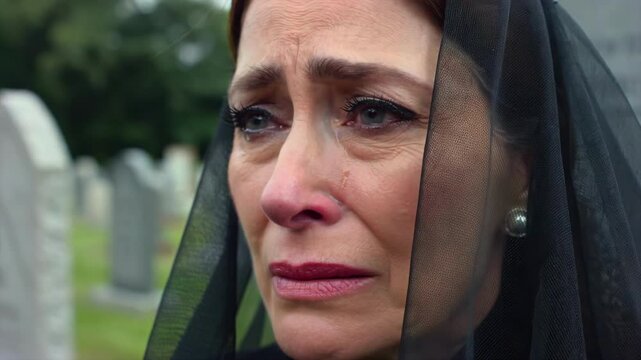 Widow grieving close-up portrait in cemetery, black veil and tearful face for funeral service, bereavement support, mourning family loss, memorial care, and emotional grief awareness footage