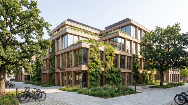 Modern sustainable timber office building featuring vertical gardens and green facade architecture surrounded by trees