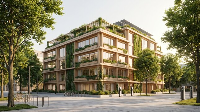 Eco-friendly modern wooden office building with vertical gardens and green balconies in city