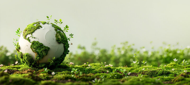 Green planet earth globe covered with moss shaped as America and Africa continent with sprouts for eco sustainability and esg concept with copy space