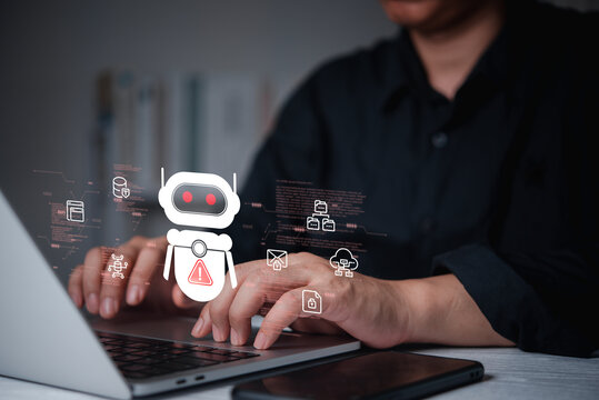 AI Chatbot Security Risk on Laptop with Warning Robot Interface for Cybersecurity Automation Data Protection and Digital Threat Monitoring