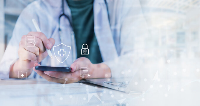 Healthcare data security concept with smartphone and medical record icons featuring fingerprint lock and shield with copy space