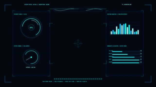 Futuristic technology HUD interface with animated graphs, digital data display, cyber concept, blue accents