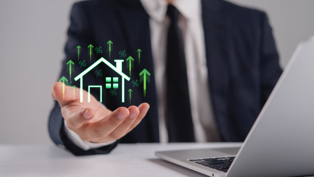 Real Estate Growth Investment Concept With Digital House Icon And Market Increase Analytics For Property Business Strategy Planning