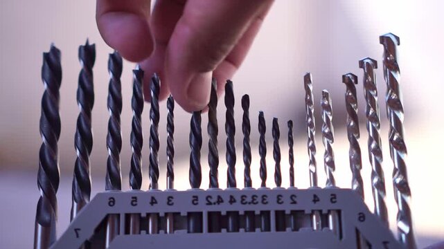 hand taking drill bit back from the case, hardware tool organization, workshop equipment storage footage scene.