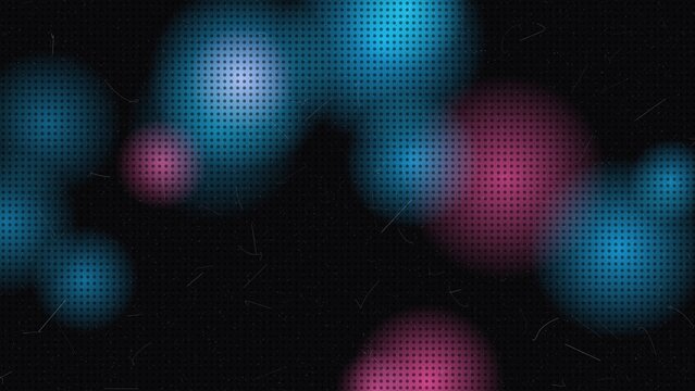 Neon blue and pink glowing spheres on a dark halftone dot pattern with light grain