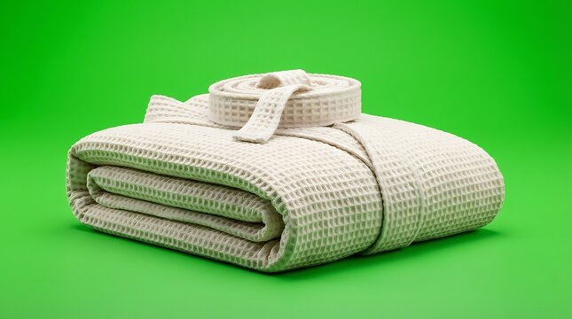 A neatly folded grey fabric textile secured with a matching fabric strap