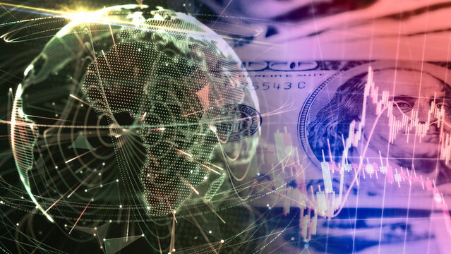 US 100-dollar bill, global digital globe network with radar grid lines, financial index chart, downward and upward fluctuation trends, global market economy, expansion of international financial 