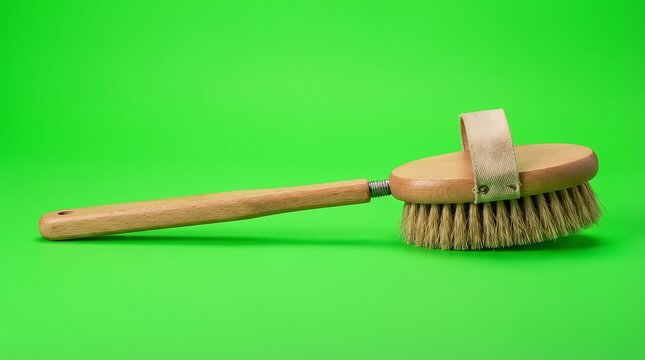 A wooden bath brush with natural bristles isolated on a bright green background