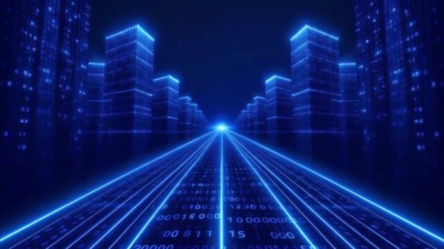 Streaming data, binary data moving in a Data Center - Digital Code City ai, artificial intelligence concept. 3D Rending