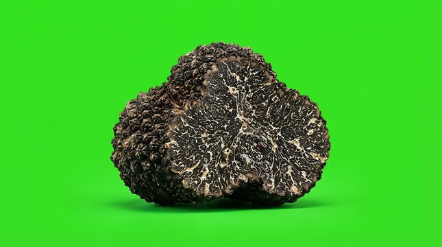 A single fresh black truffle mushroom isolated on a vibrant green background