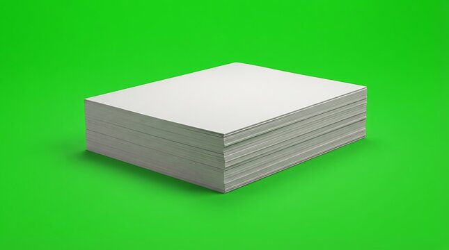 A stack of plain white paper sheets isolated against a vibrant green background
