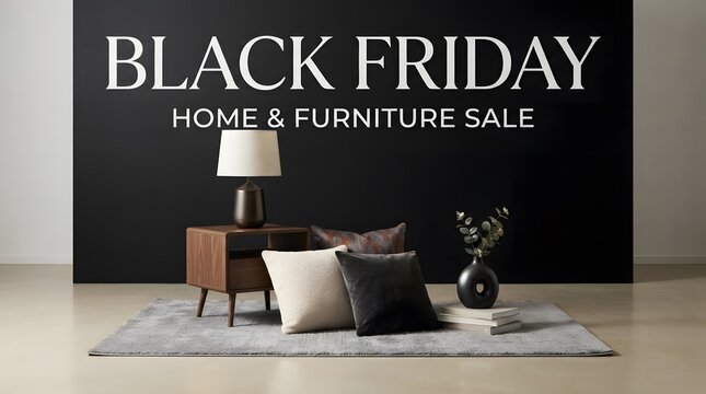 Black friday home and furniture sale with stylish interior decor and lighting