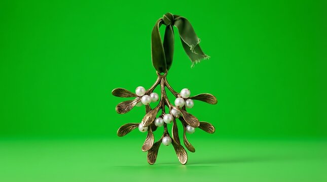 An elegant bronze mistletoe ornament with pearl berries on green background