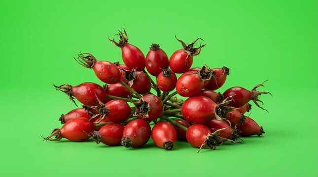 A vibrant cluster of fresh red rose hips isolated on a solid green background