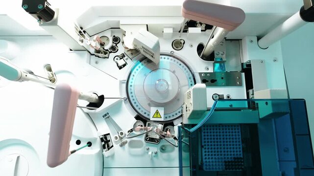 Close view of industrial medical laboratory machine interior with central circular chamber, multiple articulated robotic arms, clamps, rails, vents, screws, and translucent blue covers