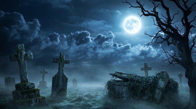 Full moon shines over a foggy cemetery with old stone crosses and an open mossy grave with grave covered overgrown