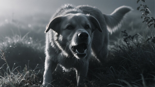 Dramatic Black and White Photo of a Barking Labrador Dog in a Misty Grass Field