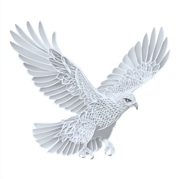 Elegant White Paper Cutout Style Flying Hawk With Intricate Geometric Patterns On Isolated Background