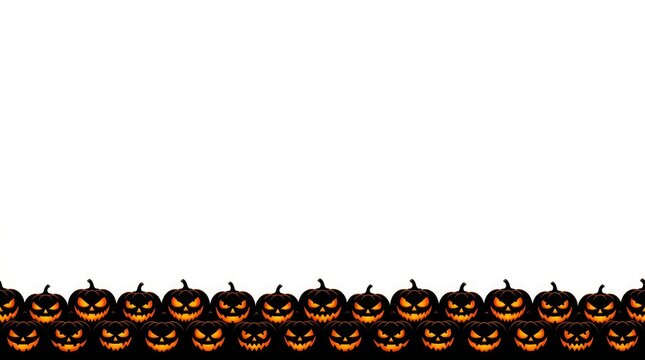A horizontal border of glowing carved pumpkins with scary faces on a white background with repetitive pattern dark