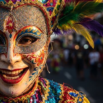Colorful MassKara Festival Mask and Costume Close Up Portrait