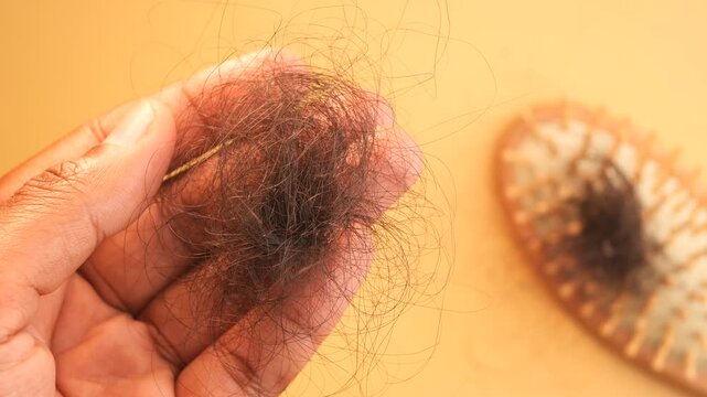 A person holds a clump of lost hair, symbolizing hair loss, with a hairbrush containing more lost hair in the blurry background on a brown surface, a dynamic close-up clip
