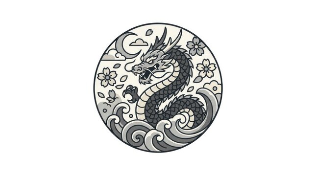Circular dragon emblem with waves and cherry blossoms.