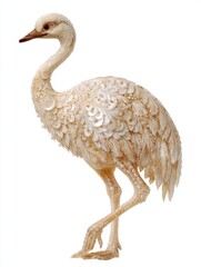Fototapeta premium Elegant Decorative Crane Bird Sculpture Crafted From Intricate White Shells On A Clean White Background