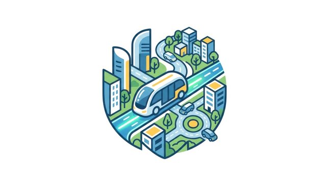 Circular isometric city with high-speed rail and skyscrapers.