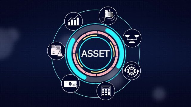 Corporate asset evaluation panel with futuristic hud graphic elements and monetary analytics icons
