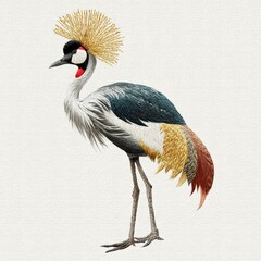 Fototapeta premium Elegant Grey Crowned Crane Bird Illustration With Gold Crest Feather Detail On Textured Paper Background